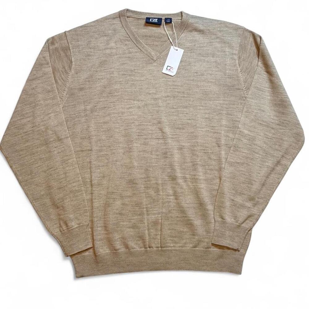 Cutter & Buck men’s Merino Wool & Acrylic vneck Sweater Tan/cream size large dim